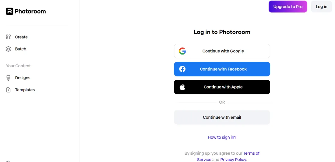 Login to PhotoRoom